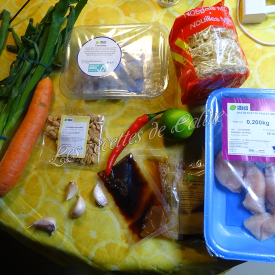 Pad Thaï nouilles aux crevettes et poulet avec du piment et de l'oignon nouveau01